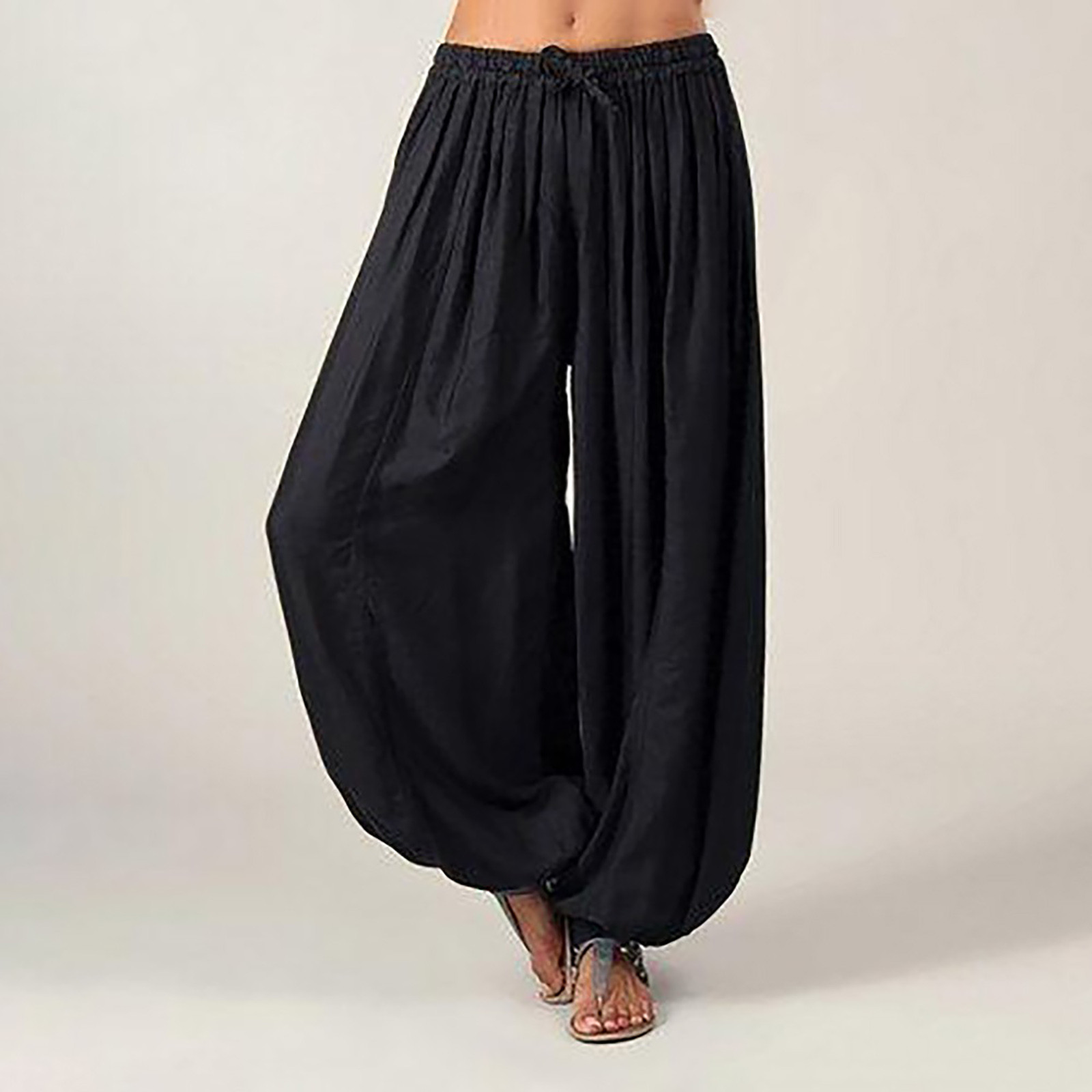 thumbnail image 2 of Pantalones harem de color liso para mujer, tallas grandes - Poliéster, informal/cómodo, cintura elástica, para otoño/primavera/verano, lavar a mano en frío, 2 of 7